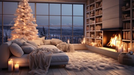 Interior of modern white living room with Christmas decor. Blazing fireplace, garlands and burning candles, elegant Christmas tree, comfortable cushioned furniture, bookshelves, large windows.