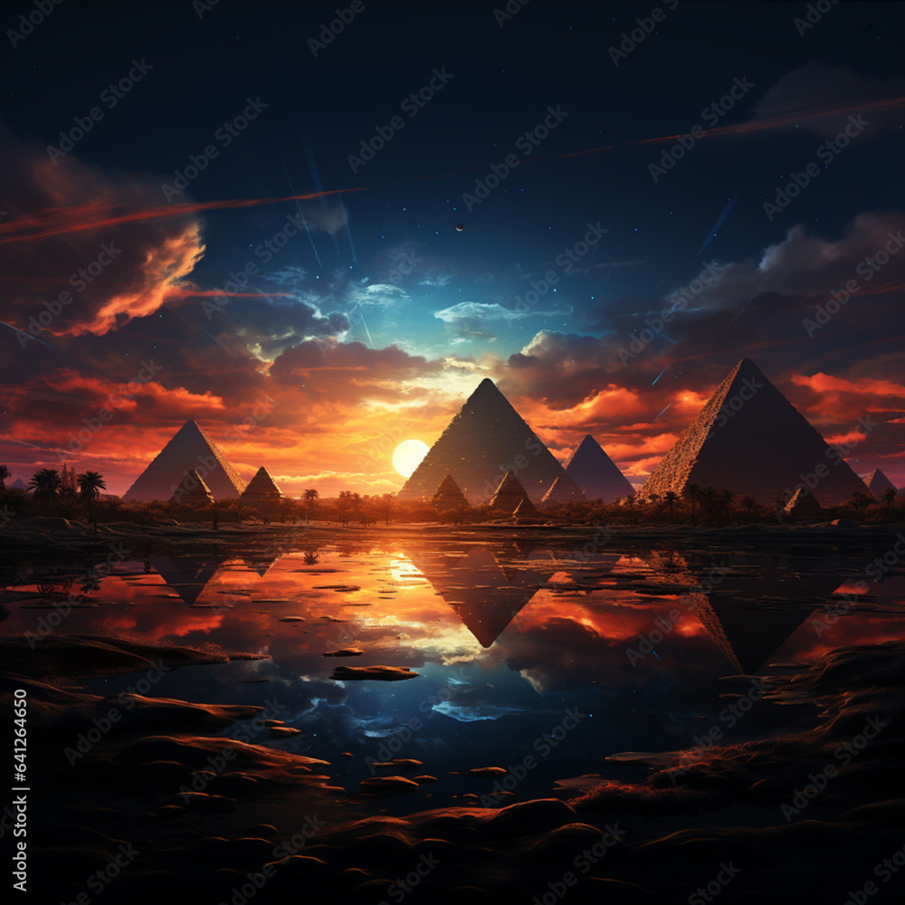 Aufkleber The pyramids are depicted with intricate lines and patterns, creating a sense of depth and dimension.  Generative AI technology.