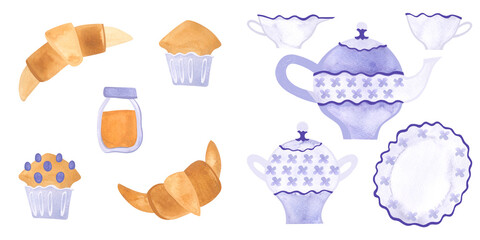A set for an English tea party: a teapot, a cup, a saucer, a milk jug, a sugar bowl in a classic style with gold decor, cupcake, croissant and a jar of honey. Isolated watercolor illustration