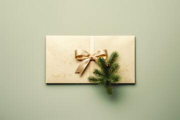 a rectangular gift box wrapped in beige paper with a gold ribbon tied in a bow on top