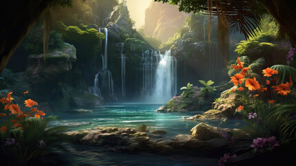 Waterfall in the jungle, waterfall and lake in tropical forest, lots of trees and flowers, digital painting, detailed hand painted background, horizontal art