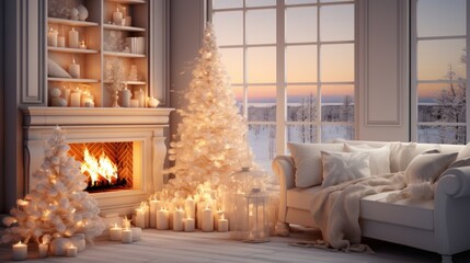 Interior of classic white living room with Christmas decor. Blazing fireplace, garlands and burning candles, elegant Christmas tree, comfortable cushioned furniture, bookshelves, large windows.