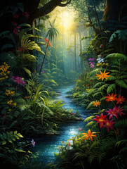 Beautiful tropical forest scenery, digital painting of dark jungle with lots of trees, plants and flowers, vertical illustration of fantasy rainforest - obrazy, fototapety, plakaty