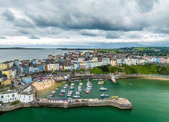 Fototapeta na wymiar City view over Harbour and Marina from a drone, Tenby, Pembrokeshire, Wales, England, Europe