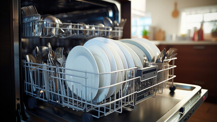 A dishwasher filled with dirty dishes, showcasing the convenience of loading dishes for cleaning