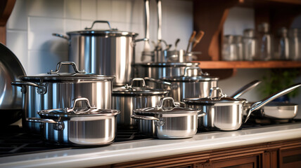 Pots and pans displayed in a neat kitchen setting