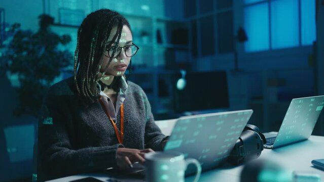 African American woman developer getting system error, hacked computer, failure
