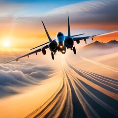 Fototapeta premium airplane landing at sunset generating by AI technology