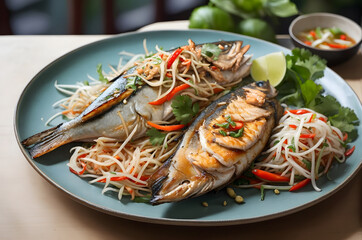 a plate of Thai-style grilled fish with a savory taste, Asian fish dishes with various spices