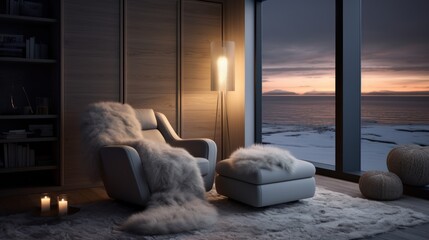 Fragment of modern minimalist luxury living room. Comfortable armchair and ottoman with fluffy blankets, floor lamp, burning candles, panoramic window. Home decor. Mockup, 3D rendering.