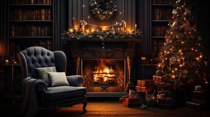 Obraz premium Interior of cozy classic living room with Christmas decor. Blazing fireplace, wreath, garlands and burning candles, elegant Christmas tree, vintage armchair, bookcases. Christmas fairy tale.