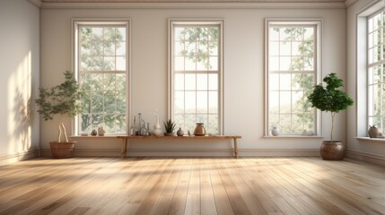 Aesthetic minimalist composition of japandi living room interior. Long wooden bench, decorative vases, exotic plants in pots, wooden floor, large windows. Home decor. Template.