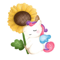 Cute Unicorn with sunflower ,watercolor,animal,cartoon character,cute,icon ,vector,...