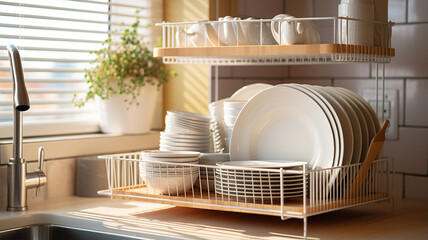 Dish rack with a clean kitchen setting