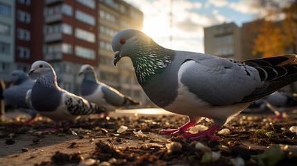 Fototapeta premium Pigeons feasting on grains in the urban park