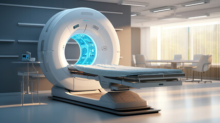 An MRI machine with a hospital room background