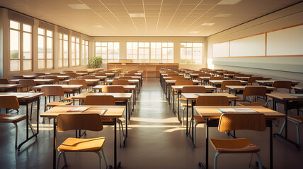 Fototapeta na wymiar An image of a neatly arranged classroom with rows of desks and chairs