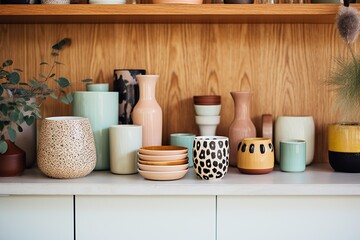 Fototapeta na wymiar A riot of color and texture, this shelf is filled with a vibrant collection of earthenware vases, ceramic bowls, and wooden flowerpots, inviting nature into the home and creating a cozy atmosphere