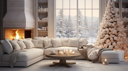 Interior of classic white living room with Christmas decor. Blazing fireplace, garlands and burning candles, elegant Christmas tree, comfortable cushioned furniture, bookshelves, large window.