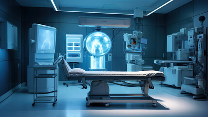 Setup of an X-ray room, showcasing the machine, protective gear, and control panel