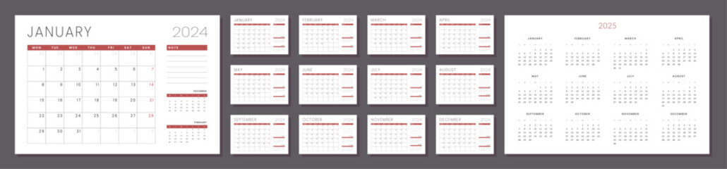 Set of Monthly pages Calendar Planner Templates 2024-2025 with note. Vector layout of a wall or desk simple calendar with week start Monday in grey and red color for print.