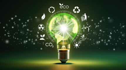 light bulb against nature on green background with icons energy sources for renewable, sustainable...