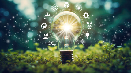 lightbulb in green forest with the icon environment of ESG, co2, circular company, and net zero. Technology Environment, Organization Sustainable development environmental - obrazy, fototapety, plakaty