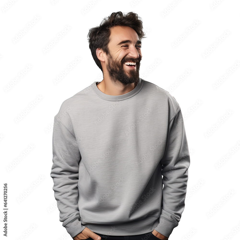 Aufkleber a smiling bearded man in a sweatshirt looking and smiling at a blank space on a transparent backgrou
