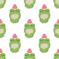 Vector seamless pattern of flat hand drawn frog face head isolated on white background