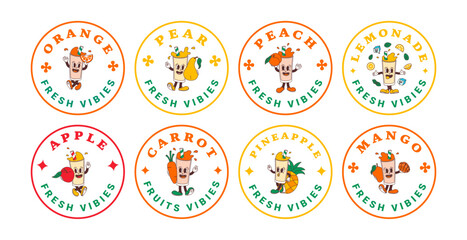 Set of stickers characters of fruit drink from mango, orange, lemonade, apple, carrot, pear, peach, pineapple. Isolated vector labels of mascots in groovy comic style on transparent background