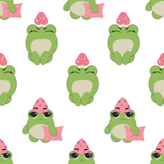 Obraz premium Vector seamless pattern of flat hand drawn frog face head isolated on white background