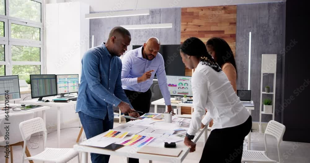 Poster designer group at desk discussing custom house