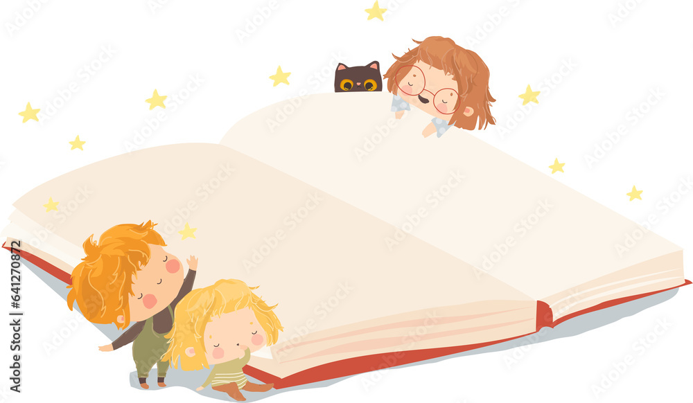 Wall mural cute cartoon children standing near big book. vector illustration