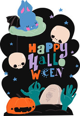 Vector Cartoon Halloween Illustration with Pumpkin, Sculls and Bat