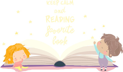 Cute Cartoon Children standing near Big Book. Vector Illustration