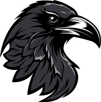 Crow head emblem. Mascot raven bird illustration isolated on white. Image of predator portrait for company use or tattoo.