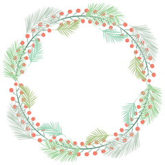 Hand drawn floral wreath. Botanical design element. Vintage  circle frame made of palm branches and berries isolated on white background. Vector illustration.