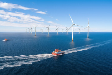 Off shore wind energy power plant grid with vessel for servicing or observation, AI generated image