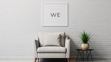 Front view of a modern minimalist scandi living room. White wall with poster template, comfortable armchair, coffee table, plant in a vase. Home decor. Mockup, 3D rendering.