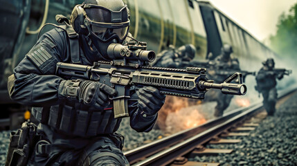 Fototapeta na wymiar Special Ops Team in Action on Train Track AI Generated