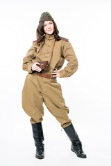 Woman in military costume, photographer, soviet wwii period, isolated on white background