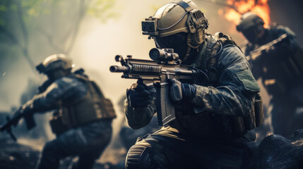 Fototapeta premium Combatants in a Firefight with Rifles and Protective Gear AI Generated