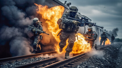 Firefight on the Train Track Soldiers vs Terrorists AI Generated