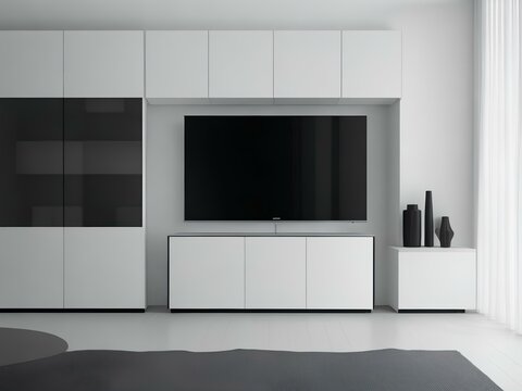 modern living room with tv and white cabinet