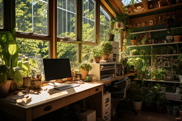 Creative Home Workspace With Plants Atrium, Generative AI