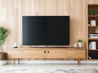 living room with tv and wooden wall background