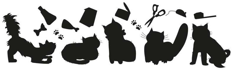 Cats domestic animals silhouettes with various items for pets care and grooming set vector illustration isolated on white background.