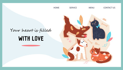 Charitable donation for homeless animals. Website banner template for animals shelter, veterinary help and charity, flat vector illustration.