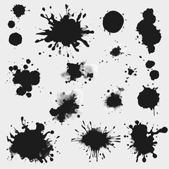 Set of different shaped black ink splatter spots.