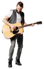 Guitar player with guitar over transparent background